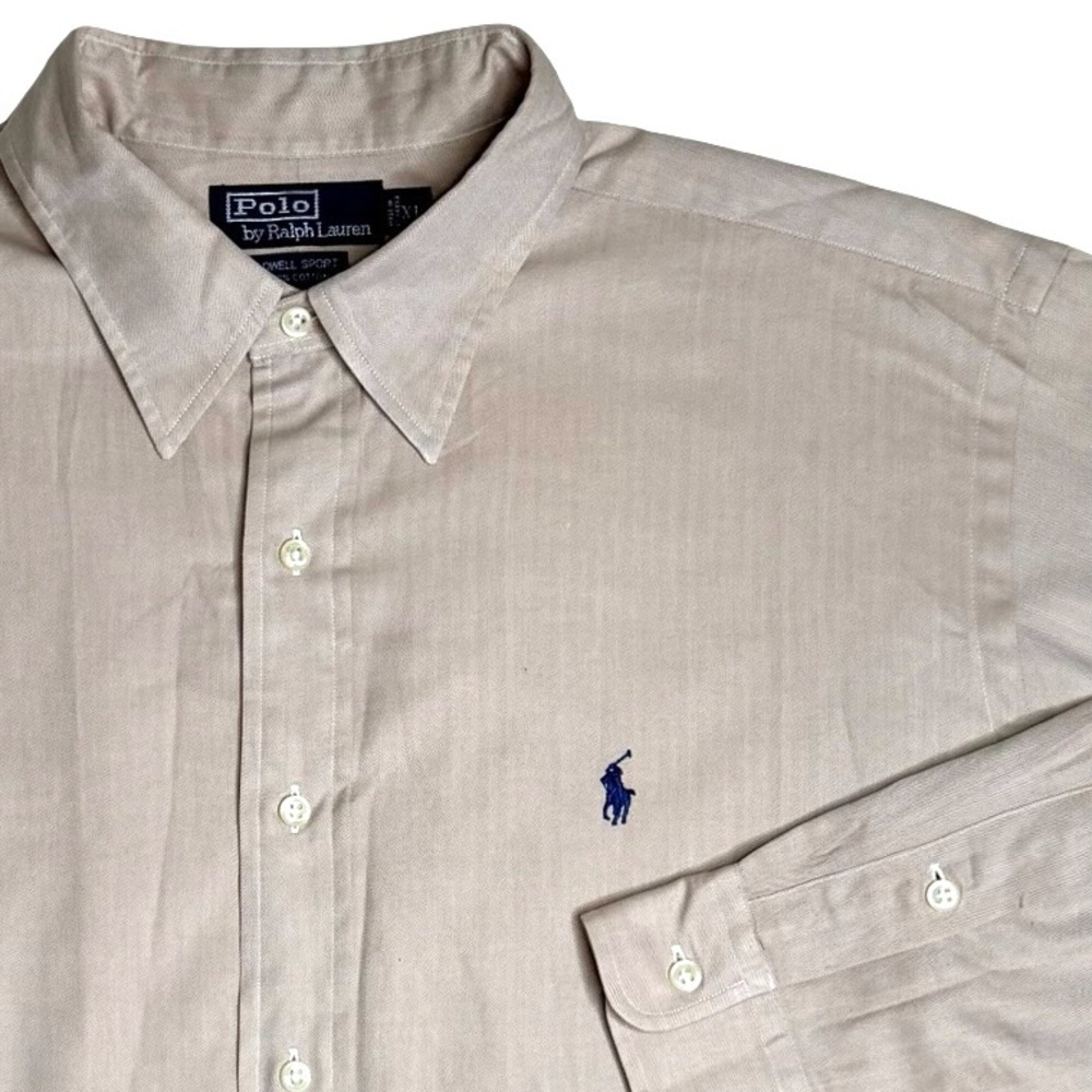 VTG Polo‎ Ralph Lauren Lowell Sport Herringbone Shirt Tan Beige Cotton Sz XL